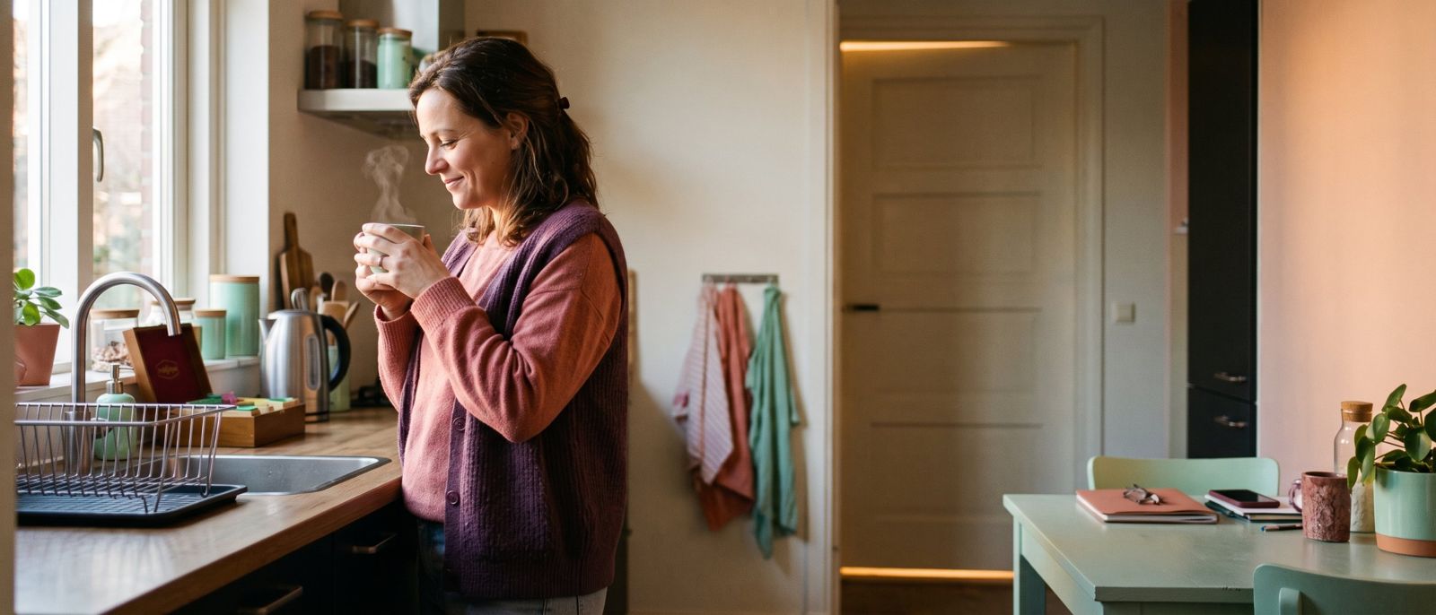Een moeder drinkt thee in de keuken, verderop een dichte deur
